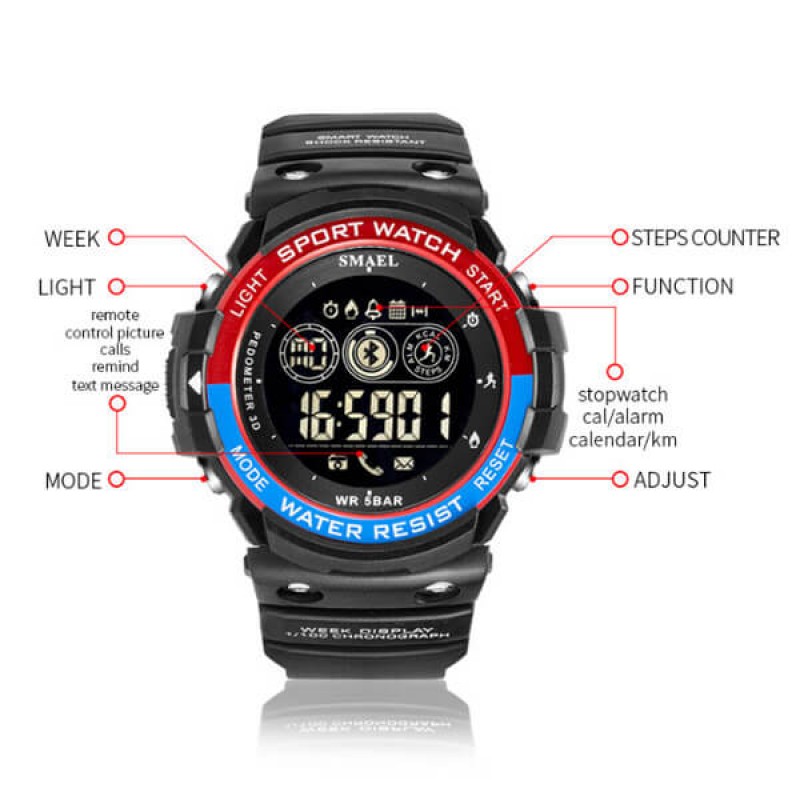 SMAEL 1602LY Smartwatch Bluetooth Black Red