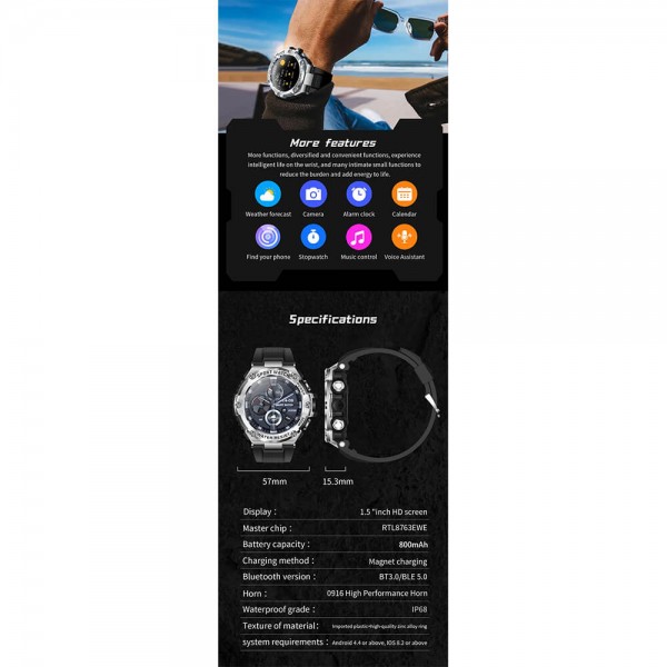 Smartwatch Microwear T88 800mAh - Black 