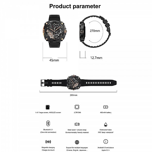 Smartwatch Microwear AK71 - Black  Gold Steel