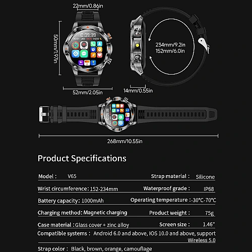 Smartwatch Microwear V65 - Black Silicone