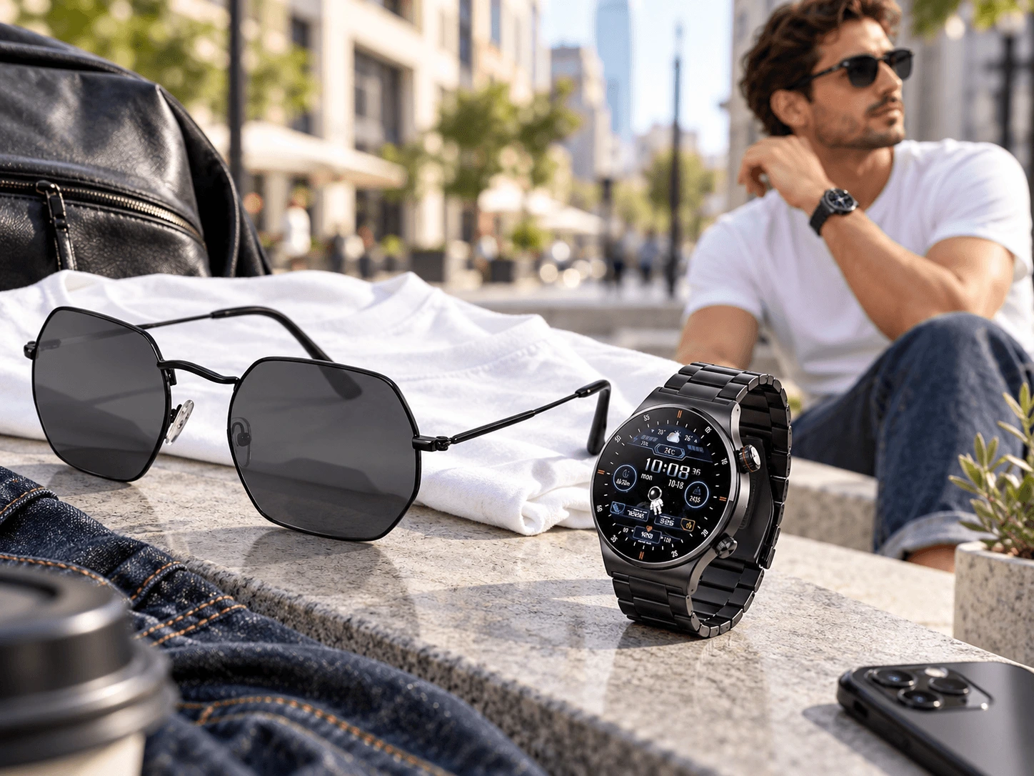 City Casual look με μαύρα γυαλιά ηλίου και μαύρο smartwatch