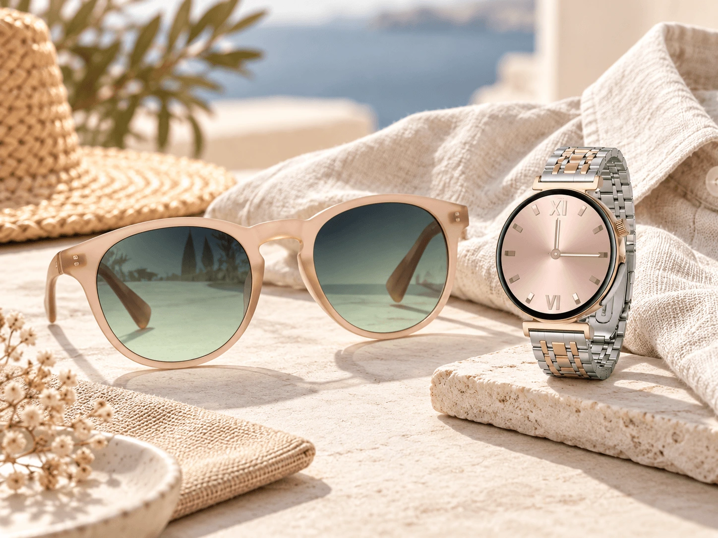 Summer Minimal look με καφέ γυαλιά και ασημί smartwatch