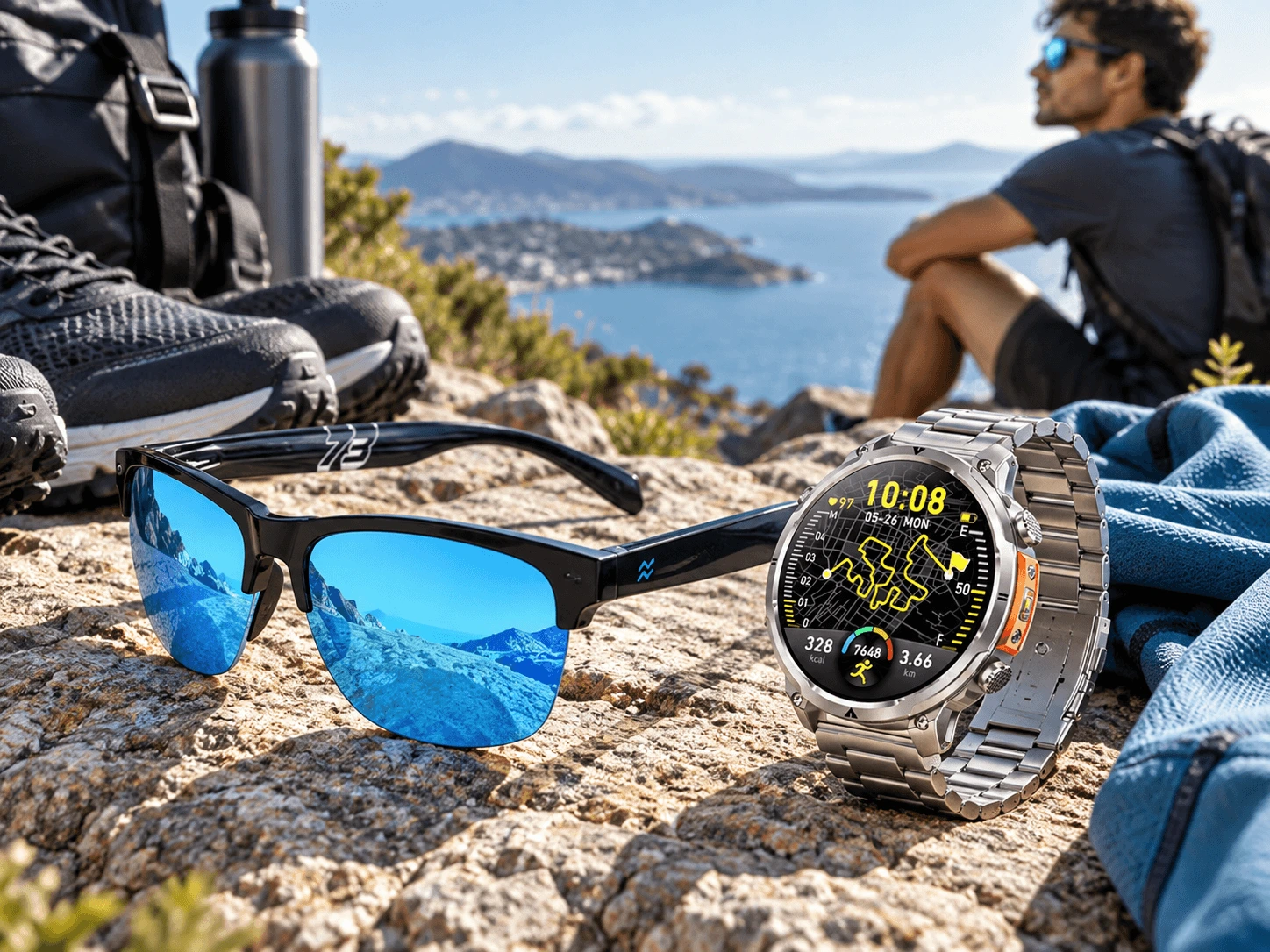 Active Weekend look με polarized γυαλιά και sport smartwatch