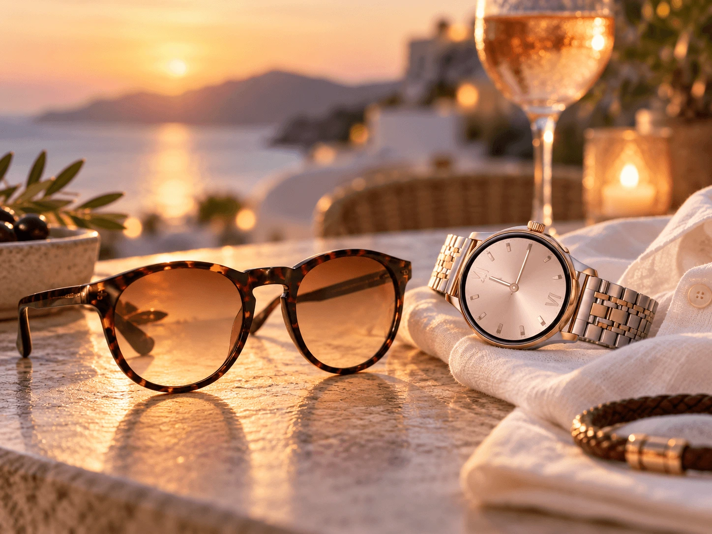 Summer Evening look με tortoise γυαλιά και μεταλλικό smartwatch