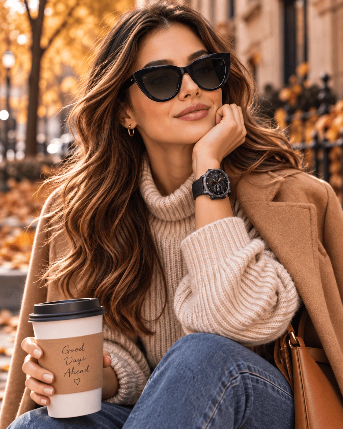 Casual φθινοπωρινό look με μαύρα γυαλιά και smartwatch