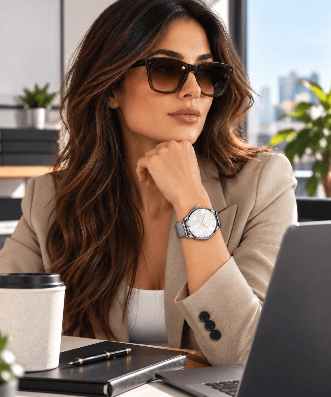 Office look με ασημί smartwatch και γυαλιά ηλίου